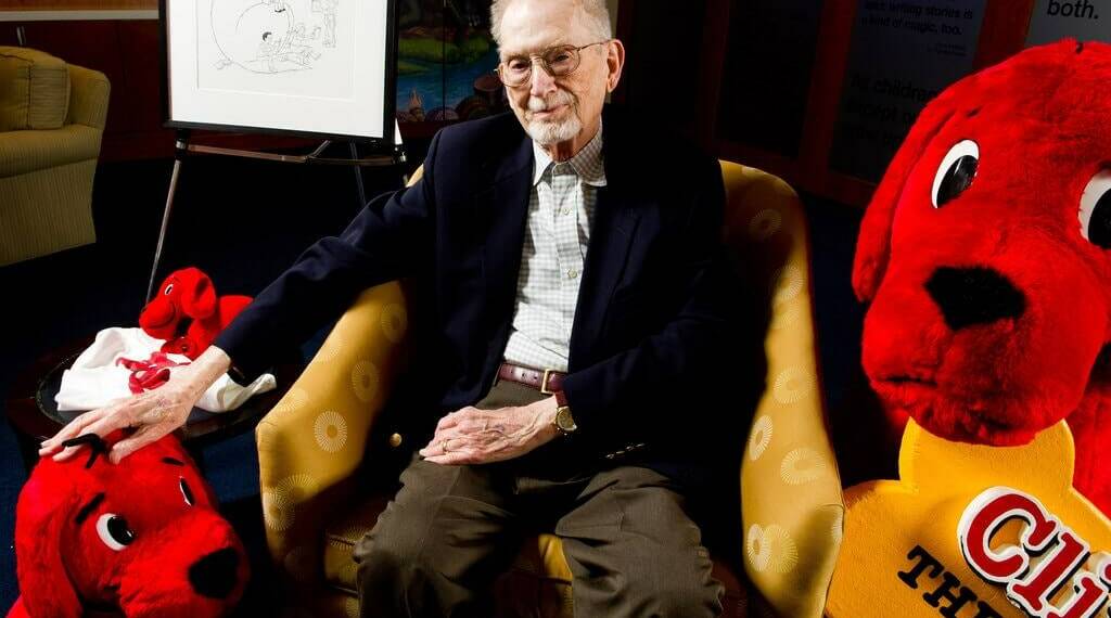 Norman Bridwell with his Clifford, the Big Red Dog