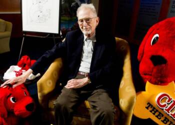 Norman Bridwell with his Clifford, the Big Red Dog