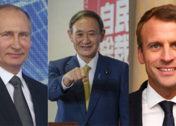 Yoshihide Suga, Emmanuel Macron, Vladimir Putin