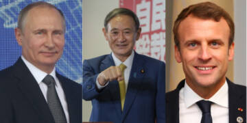 Yoshihide Suga, Emmanuel Macron, Vladimir Putin