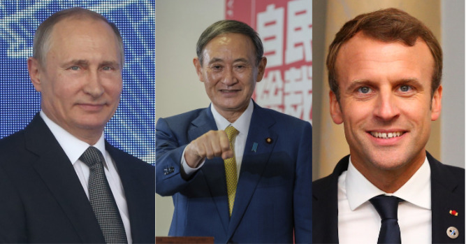 Yoshihide Suga, Emmanuel Macron, Vladimir Putin