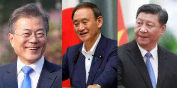 Moon Jae-In, Yoshihide Suga Xi Jinping China Japan South Korea