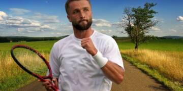 Liam Broady celebrating a set point in the field