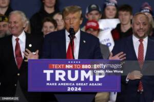 MANCHESTER, NEW HAMPSHIRE - JANUARY 20: Republican presidential candidate and former President Donald Trump speaks during a campaign rally at the SNHU Arena on January 20, 2024 in Manchester, New Hampshire. 