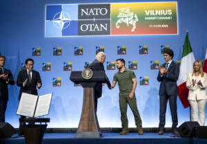 President Joe Biden shakes hands with President Volodymyr Zelensky of Ukraine after a joint declaration of support for Ukraine by the leaders of the Group of Seven nations during the NATO Summit in Vilnius, Lithuania, on Wednesday, July 12, 2023. 