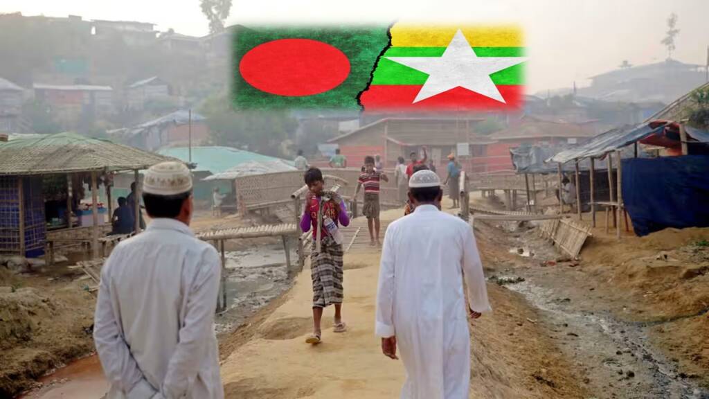 Rohingya refugees walk along a road at the Balukhali camp in Cox's Bazar, Bangladesh, in 2019. Dhaka says it cannot handle another influx as it already hosts over a million Rohingya people
