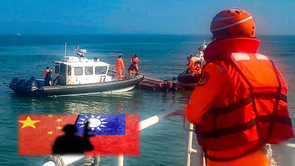 Members of Taiwan's coast guard inspect a vessel that capsized during a chase off the coast of the Kinmen archipelago on Feb. 14. © AP