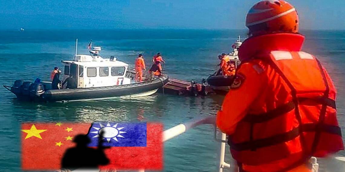 Members of Taiwan's coast guard inspect a vessel that capsized during a chase off the coast of the Kinmen archipelago on Feb. 14. © AP