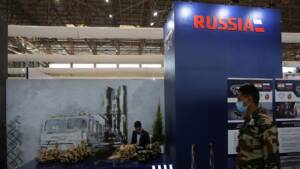 An exhibition stall for ROSOBORONEXPORT of Russia, the only state organisation for exporting an entire range of military dual-use products and services technologies. Photo: EPA-EFE/JAGADEESH NV