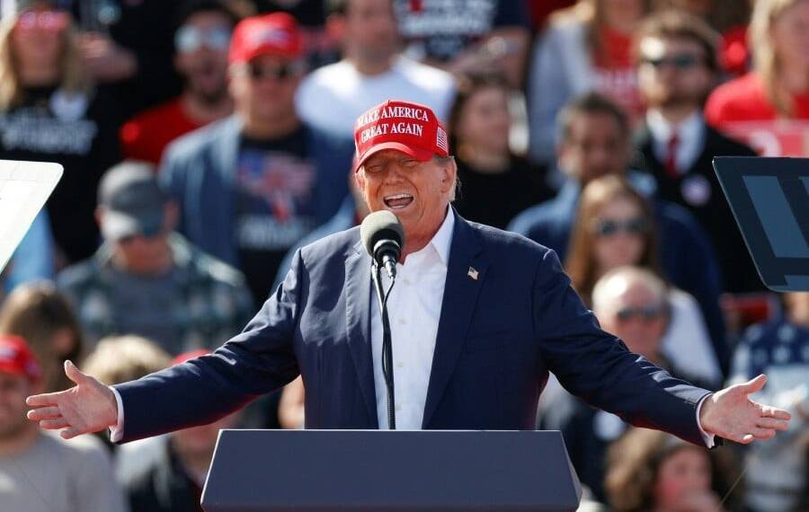 Former US President and Republican presidential candidate Donald Trump speaks during a Buckeye Values PAC Rally in Vandalia, Ohio. - AFP PIC