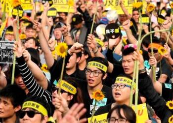 Demonstrators holding sunflower shout slogans in front of the Presidential Office in Taipei on March 30, 2014. © Reuters