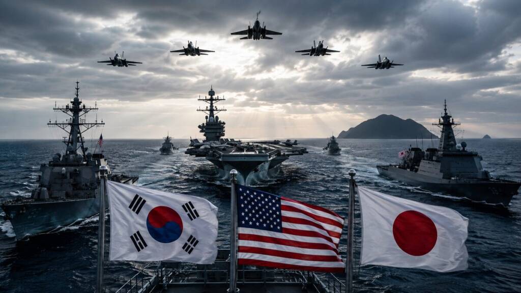 South Korean, US and Japanese flags fly aboard warships as a multinational naval fleet, including an aircraft carrier and destroyers, conducts operations at sea beneath fighter jets and dramatic storm clouds.
