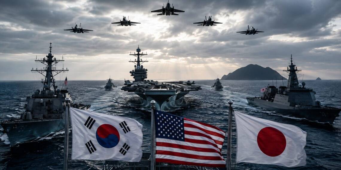 South Korean, US and Japanese flags fly aboard warships as a multinational naval fleet, including an aircraft carrier and destroyers, conducts operations at sea beneath fighter jets and dramatic storm clouds.