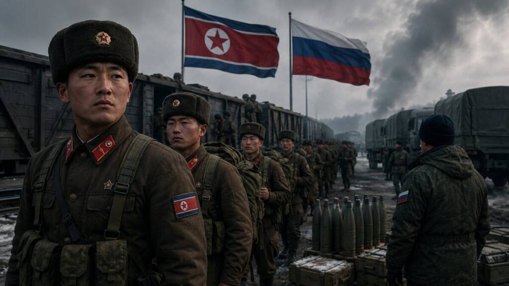 North Korean soldiers assemble beside a military train and artillery shells in a cold, smoky rail yard, with North Korean and Russian flags flying overhead and a Russian serviceman in the foreground North Korean troop for deployment to Russia