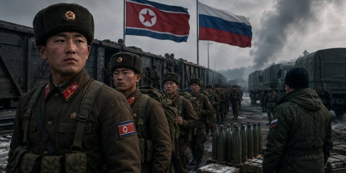 North Korean soldiers assemble beside a military train and artillery shells in a cold, smoky rail yard, with North Korean and Russian flags flying overhead and a Russian serviceman in the foreground North Korean troop for deployment to Russia