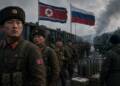 North Korean soldiers assemble beside a military train and artillery shells in a cold, smoky rail yard, with North Korean and Russian flags flying overhead and a Russian serviceman in the foreground North Korean troop for deployment to Russia