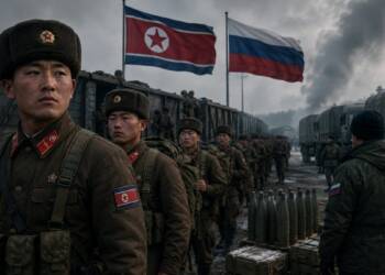 North Korean soldiers assemble beside a military train and artillery shells in a cold, smoky rail yard, with North Korean and Russian flags flying overhead and a Russian serviceman in the foreground North Korean troop for deployment to Russia