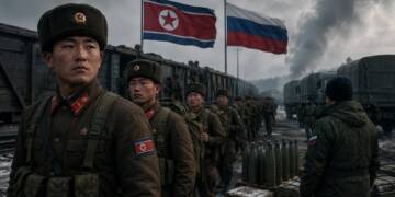 North Korean soldiers assemble beside a military train and artillery shells in a cold, smoky rail yard, with North Korean and Russian flags flying overhead and a Russian serviceman in the foreground North Korean troop for deployment to Russia