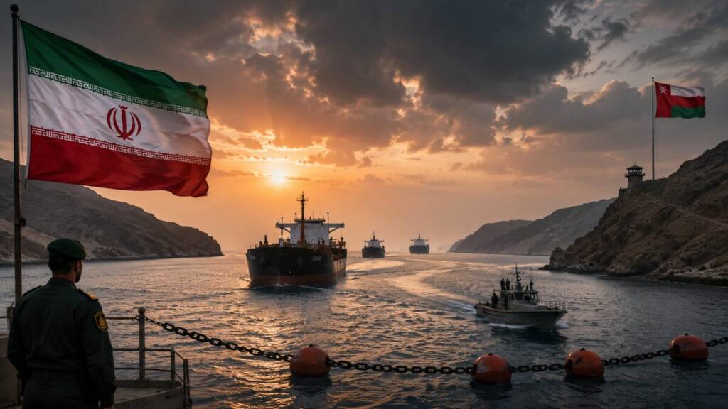 An Iranian guard watches oil tankers moving through the Strait of Hormuz, heavily guarded maritime passage at sunset, with Iranian and Omani flags overlooking the strategic waterway.