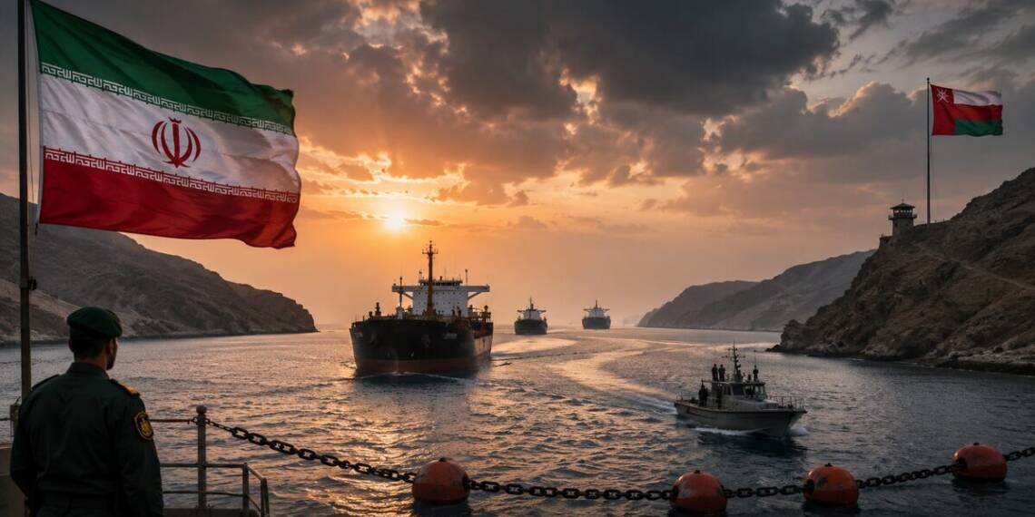 An Iranian guard watches oil tankers moving through the Strait of Hormuz, heavily guarded maritime passage at sunset, with Iranian and Omani flags overlooking the strategic waterway.
