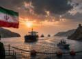 An Iranian guard watches oil tankers moving through the Strait of Hormuz, heavily guarded maritime passage at sunset, with Iranian and Omani flags overlooking the strategic waterway.