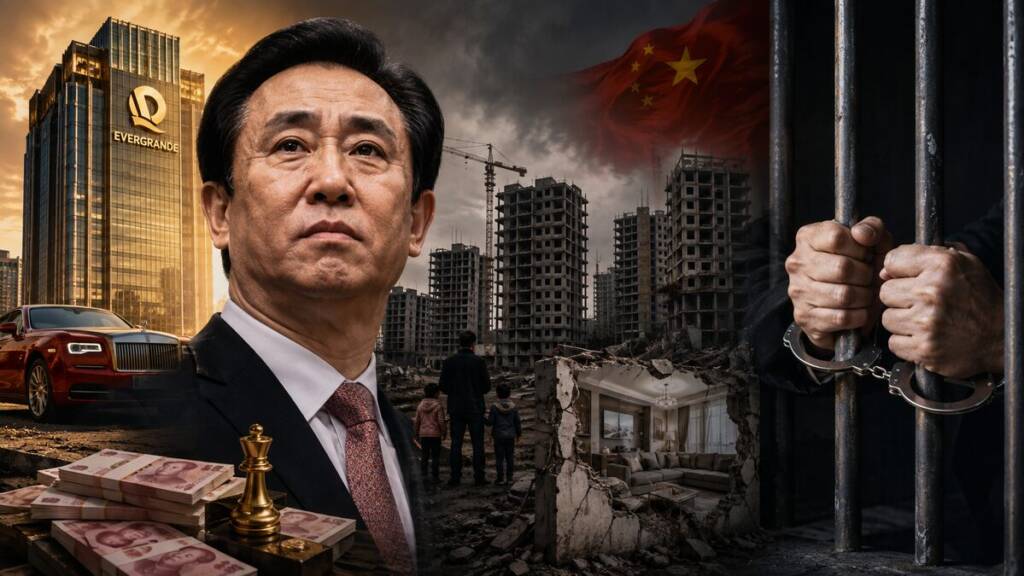 A dramatic collage showing Hui Ka Yan in the foreground, Evergrande’s rise symbolised by a luxury skyscraper, car and stacks of cash, and China’s property crisis represented by unfinished buildings, rubble, displaced families and a prison cell. Evergrande founder life sentence