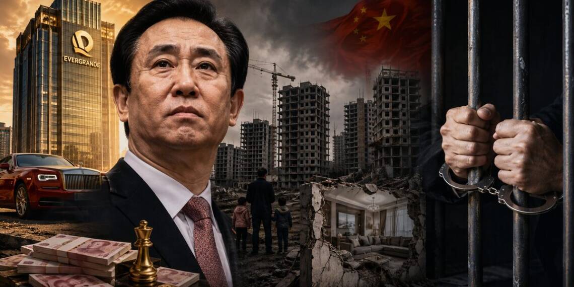 A dramatic collage showing Hui Ka Yan in the foreground, Evergrande’s rise symbolised by a luxury skyscraper, car and stacks of cash, and China’s property crisis represented by unfinished buildings, rubble, displaced families and a prison cell. Evergrande founder life sentence