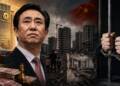 A dramatic collage showing Hui Ka Yan in the foreground, Evergrande’s rise symbolised by a luxury skyscraper, car and stacks of cash, and China’s property crisis represented by unfinished buildings, rubble, displaced families and a prison cell. Evergrande founder life sentence