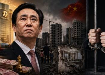 A dramatic collage showing Hui Ka Yan in the foreground, Evergrande’s rise symbolised by a luxury skyscraper, car and stacks of cash, and China’s property crisis represented by unfinished buildings, rubble, displaced families and a prison cell. Evergrande founder life sentence