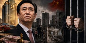A dramatic collage showing Hui Ka Yan in the foreground, Evergrande’s rise symbolised by a luxury skyscraper, car and stacks of cash, and China’s property crisis represented by unfinished buildings, rubble, displaced families and a prison cell. Evergrande founder life sentence