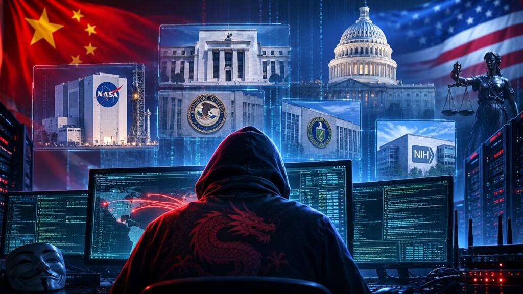 A hooded hacker sits before multiple computer screens as images of the U.S. Capitol, NASA, federal institutions, servers and network data surround them, symbolising a Chinese-linked cyber-espionage hacking campaign targeting American government agencies.