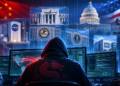 A hooded hacker sits before multiple computer screens as images of the U.S. Capitol, NASA, federal institutions, servers and network data surround them, symbolising a Chinese-linked cyber-espionage hacking campaign targeting American government agencies.