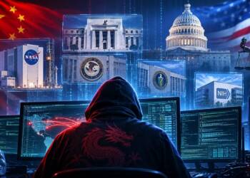 A hooded hacker sits before multiple computer screens as images of the U.S. Capitol, NASA, federal institutions, servers and network data surround them, symbolising a Chinese-linked cyber-espionage hacking campaign targeting American government agencies.