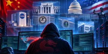 A hooded hacker sits before multiple computer screens as images of the U.S. Capitol, NASA, federal institutions, servers and network data surround them, symbolising a Chinese-linked cyber-espionage hacking campaign targeting American government agencies.