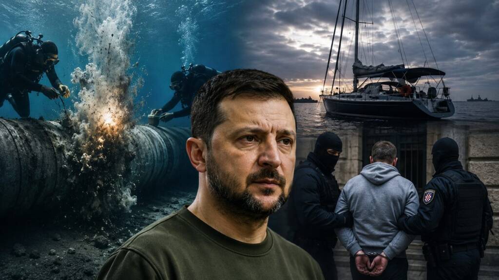 A composite image showing Ukrainian President Volodymyr Zelensky in the foreground, divers working beside an underwater gas pipeline explosion, a yacht at sea, and Croatian police arresting a suspect.