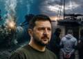 A composite image showing Ukrainian President Volodymyr Zelensky in the foreground, divers working beside an underwater gas pipeline explosion, a yacht at sea, and Croatian police arresting a suspect.