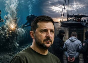 A composite image showing Ukrainian President Volodymyr Zelensky in the foreground, divers working beside an underwater gas pipeline explosion, a yacht at sea, and Croatian police arresting a suspect.