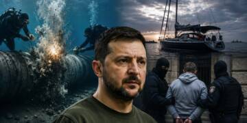 A composite image showing Ukrainian President Volodymyr Zelensky in the foreground, divers working beside an underwater gas pipeline explosion, a yacht at sea, and Croatian police arresting a suspect.