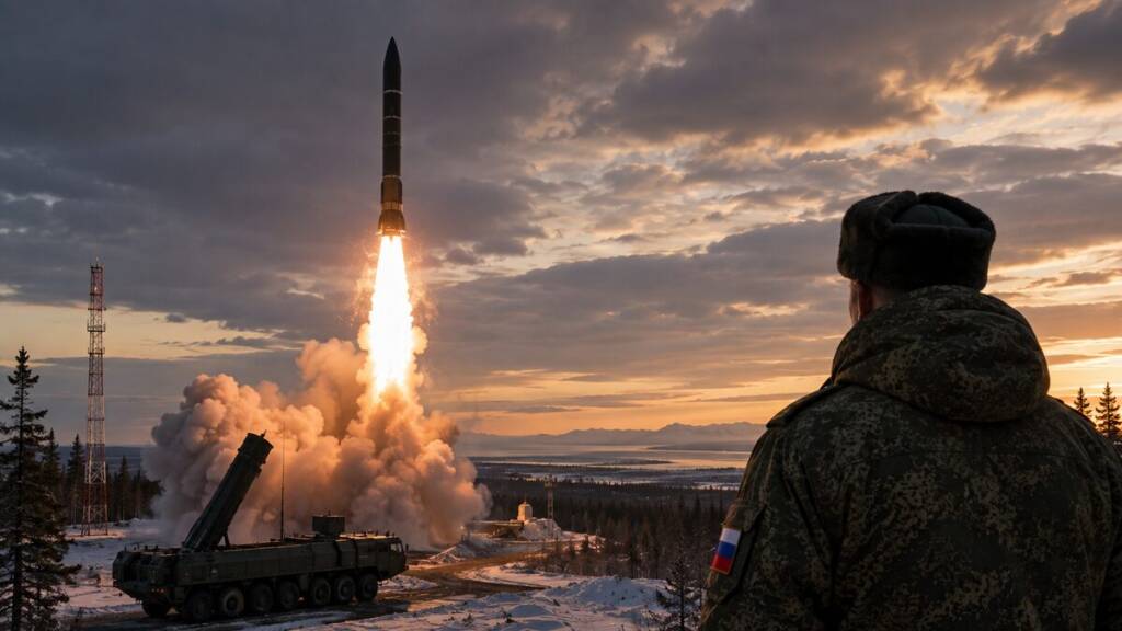 A Russian intercontinental ballistic missile launches from a snowy forested site at sunset as a soldier watches beside a mobile missile test launcher.