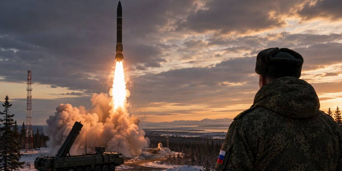 A Russian intercontinental ballistic missile launches from a snowy forested site at sunset as a soldier watches beside a mobile missile test launcher.