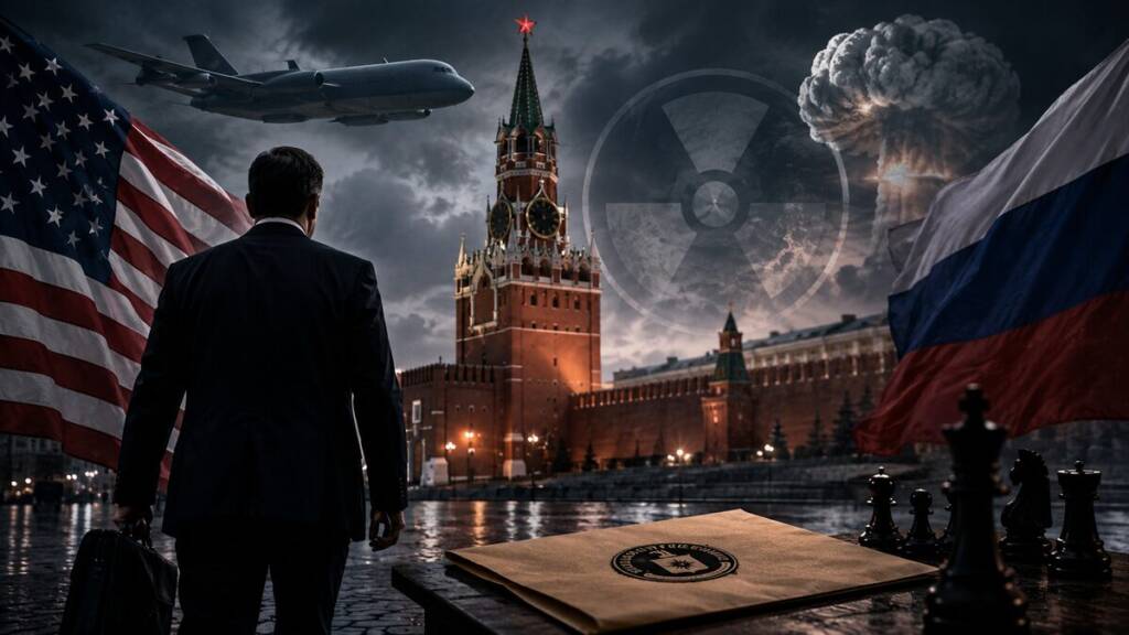 A suited CIA Chief official carrying a briefcase approaches the Kremlin as US and Russian flags, a military aircraft, nuclear imagery and chess pieces evoke high-stakes espionage and strategic confrontation.