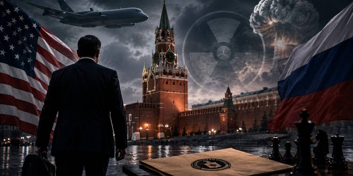A suited CIA Chief official carrying a briefcase approaches the Kremlin as US and Russian flags, a military aircraft, nuclear imagery and chess pieces evoke high-stakes espionage and strategic confrontation.