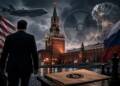 A suited CIA Chief official carrying a briefcase approaches the Kremlin as US and Russian flags, a military aircraft, nuclear imagery and chess pieces evoke high-stakes espionage and strategic confrontation.