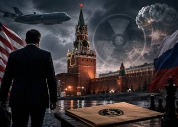 A suited CIA Chief official carrying a briefcase approaches the Kremlin as US and Russian flags, a military aircraft, nuclear imagery and chess pieces evoke high-stakes espionage and strategic confrontation.