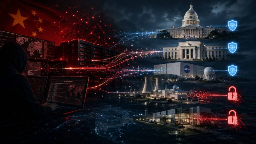 A dramatic cyberwarfare illustration showing a shadowy hacker from China launching digital attacks from red-lit servers toward major US government, scientific and industrial facilities, with blue shields marking defended targets and red broken locks indicating compromised systems.