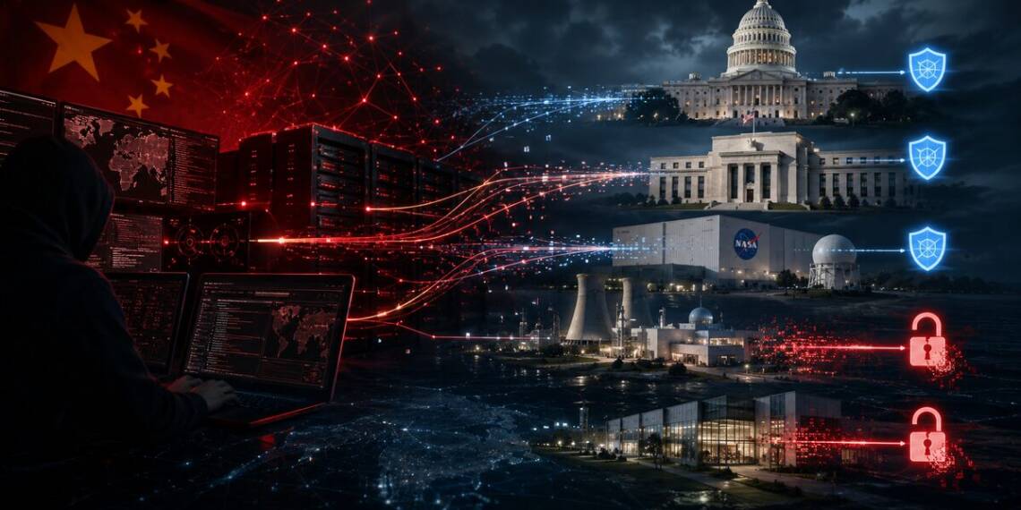 A dramatic cyberwarfare illustration showing a shadowy hacker from China launching digital attacks from red-lit servers toward major US government, scientific and industrial facilities, with blue shields marking defended targets and red broken locks indicating compromised systems.