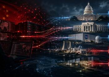A dramatic cyberwarfare illustration showing a shadowy hacker from China launching digital attacks from red-lit servers toward major US government, scientific and industrial facilities, with blue shields marking defended targets and red broken locks indicating compromised systems.