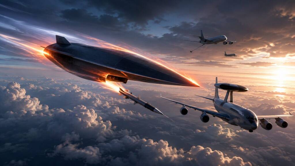 A hypersonic glide vehicle streaks through the upper atmosphere as it launches a missile toward a US AWACS radar aircraft, with tanker and support aircraft flying in the distance above dramatic cloud cover.