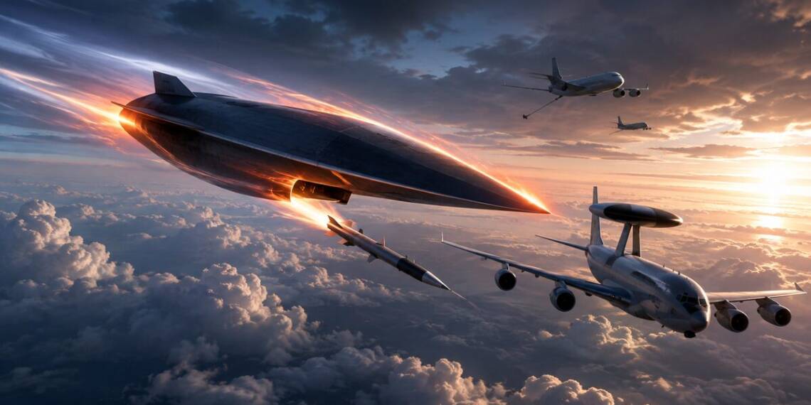 A hypersonic glide vehicle streaks through the upper atmosphere as it launches a missile toward a US AWACS radar aircraft, with tanker and support aircraft flying in the distance above dramatic cloud cover.