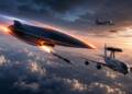 A hypersonic glide vehicle streaks through the upper atmosphere as it launches a missile toward a US AWACS radar aircraft, with tanker and support aircraft flying in the distance above dramatic cloud cover.